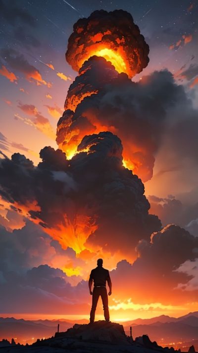 Man and volcanic eruption scene for phone wallpaper