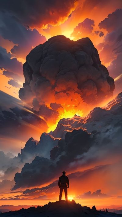 Man and volcanic eruption scene for phone wallpaper