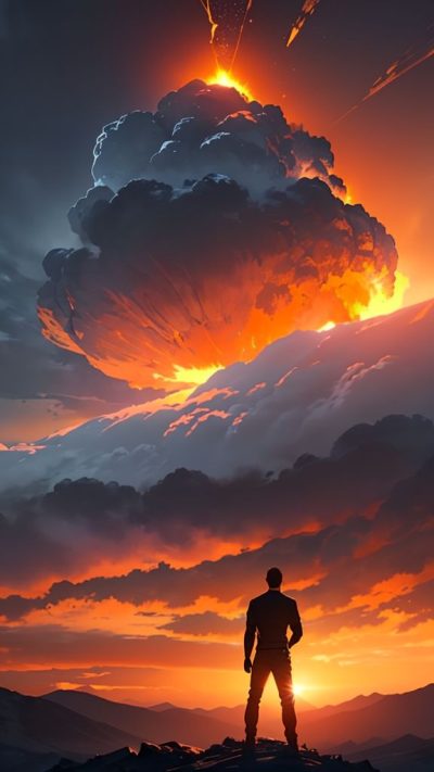 Man and volcanic eruption scene for phone wallpaper