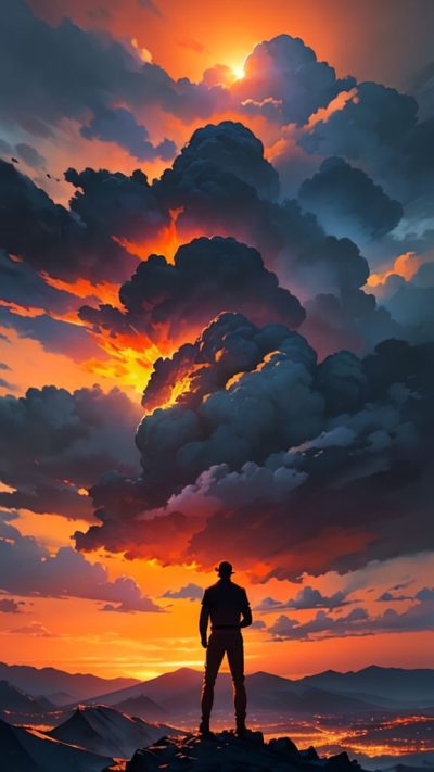 Man and volcanic eruption scene for phone wallpaper