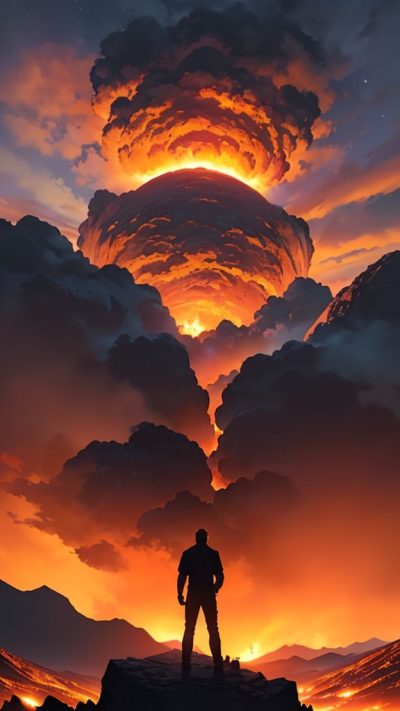 Man and volcanic eruption scene for phone wallpaper