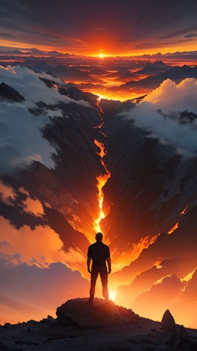 Man and volcanic eruption scene for phone wallpaper