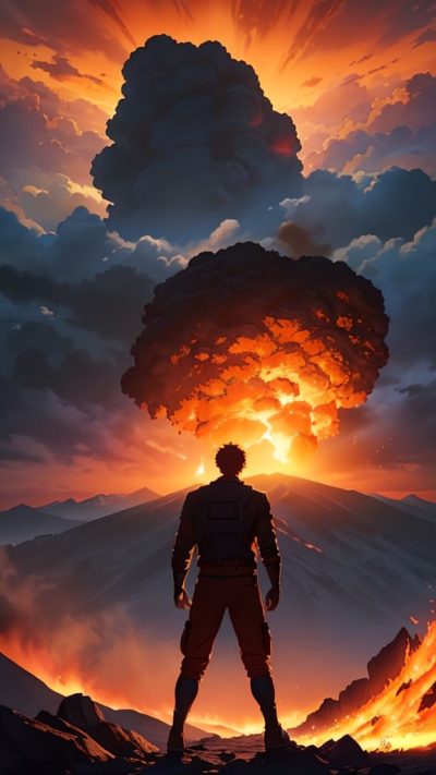 Man and volcanic eruption scene for phone wallpaper