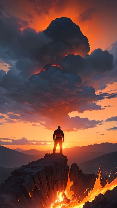 Man and volcanic eruption scene for phone wallpaper