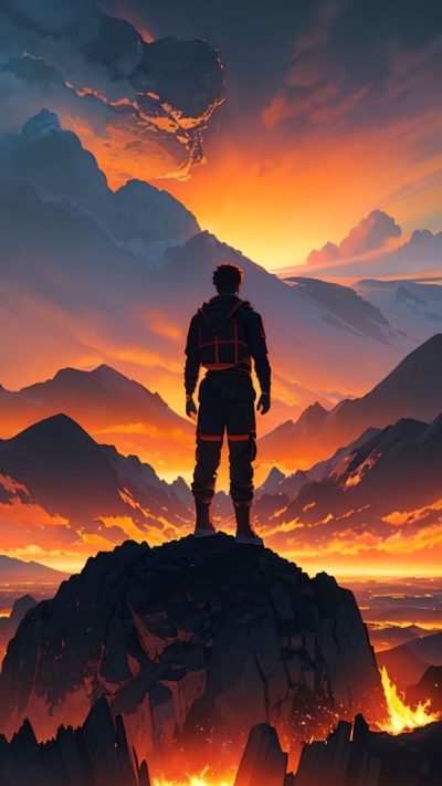 Man and volcanic eruption scene for phone wallpaper