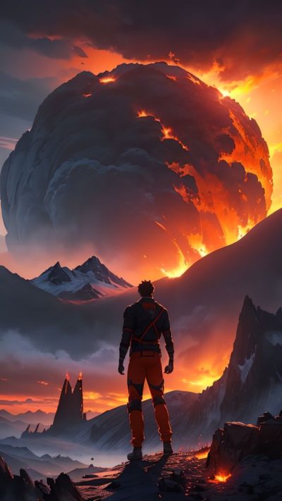 Man and volcanic eruption scene for phone wallpaper