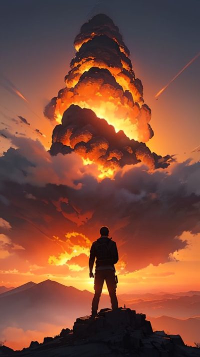 Man and volcanic eruption scene for phone wallpaper