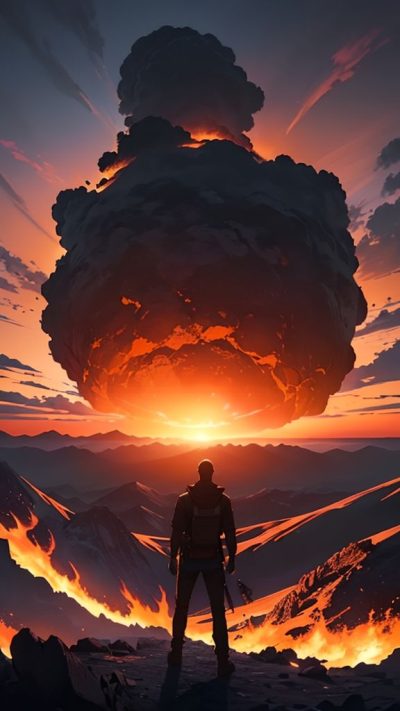 Man and volcanic eruption scene for phone wallpaper