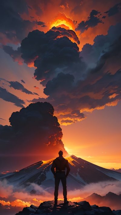 Man and volcanic eruption scene for phone wallpaper