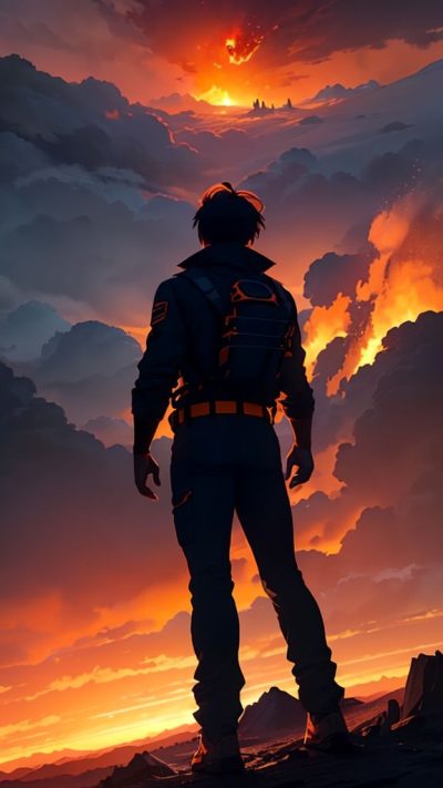 Man and volcanic eruption scene for phone wallpaper