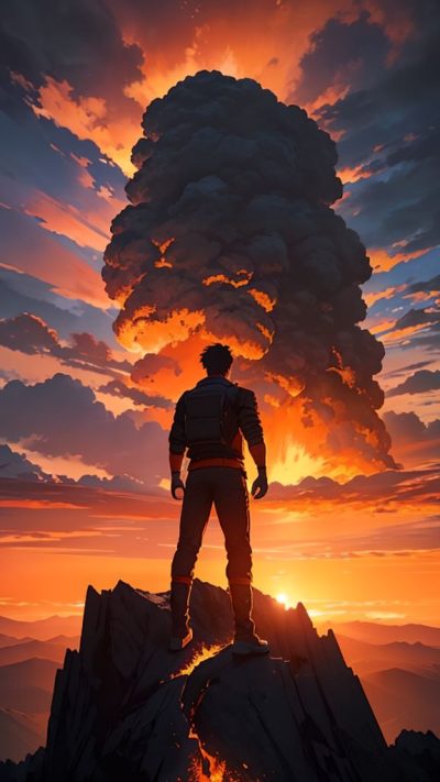 Man and volcanic eruption scene for phone wallpaper