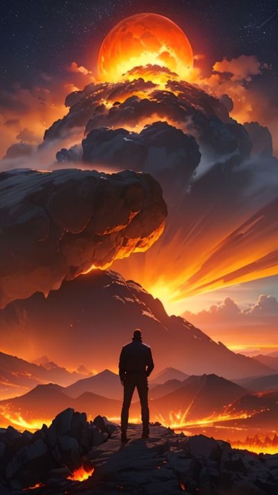 Man and volcanic eruption scene for phone wallpaper