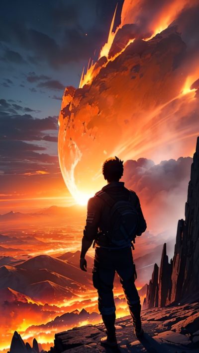 Man and volcanic eruption scene for phone wallpaper