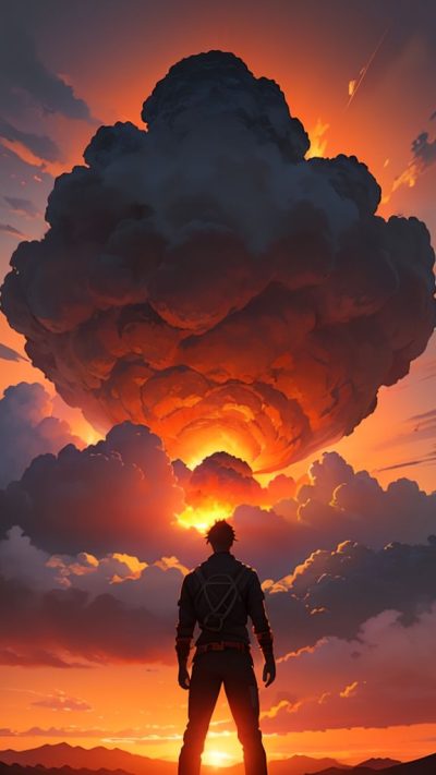 Man and volcanic eruption scene for phone wallpaper