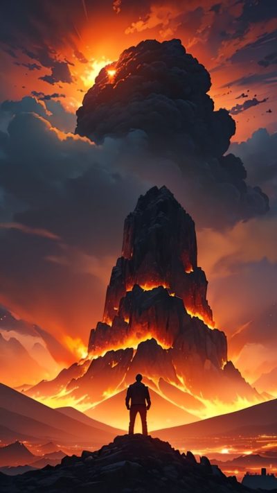 Man and volcanic eruption scene for phone wallpaper