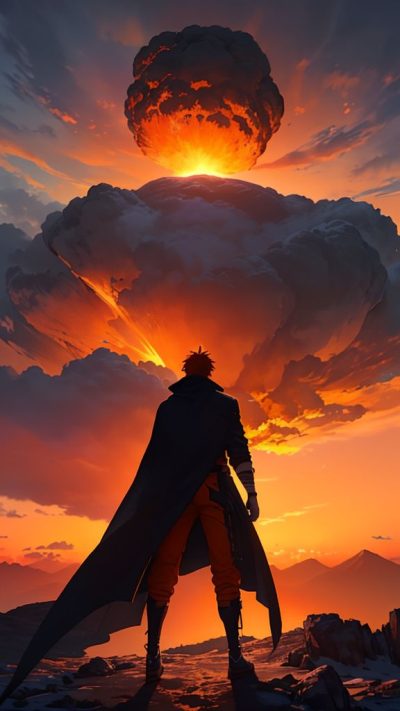 Man and volcanic eruption scene for phone wallpaper