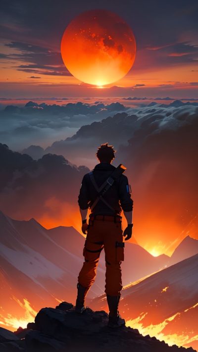 Man and volcanic eruption scene for phone wallpaper