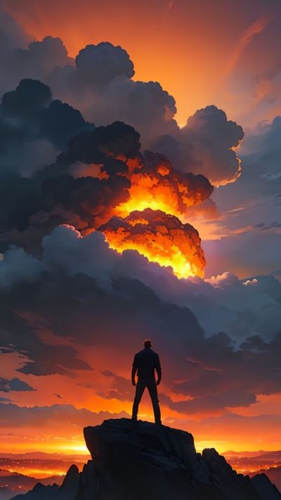 Man and volcanic eruption scene for phone wallpaper