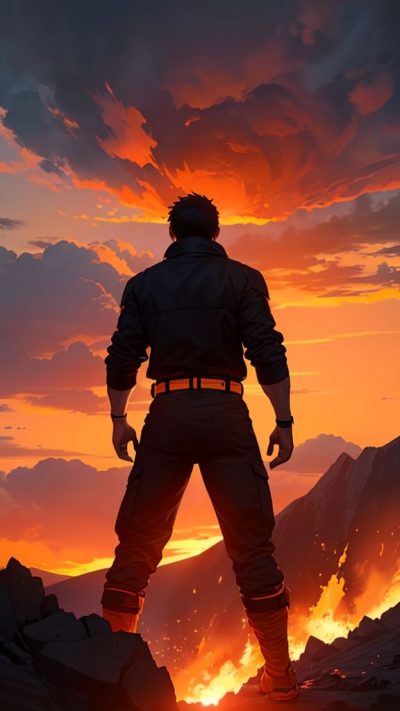 Man and volcanic eruption scene for phone wallpaper