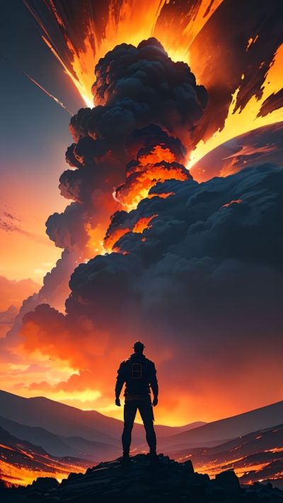 Man and volcanic eruption scene for phone wallpaper