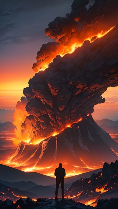 Man and volcanic eruption scene for phone wallpaper