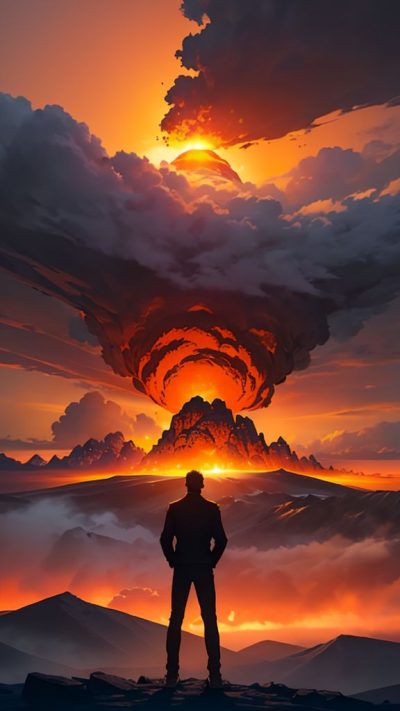 Man and volcanic eruption scene for phone wallpaper