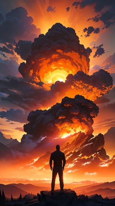 Man and volcanic eruption scene for phone wallpaper