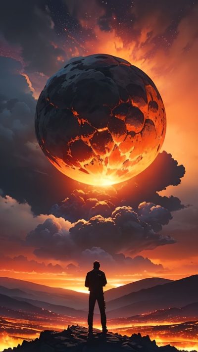 Man and volcanic eruption scene for phone wallpaper