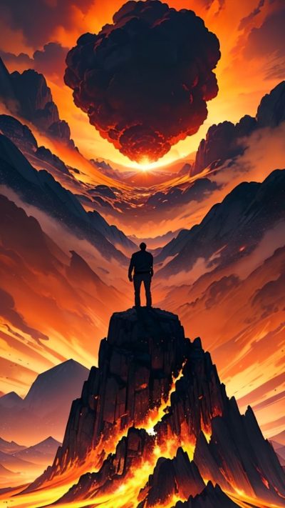 Man and volcanic eruption scene for phone wallpaper