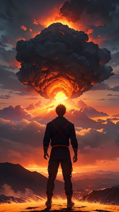 Man and volcanic eruption scene for phone wallpaper