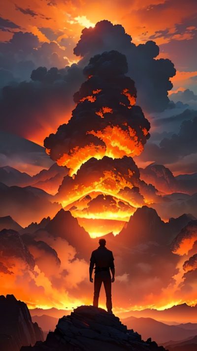 Man and volcanic eruption scene for phone wallpaper