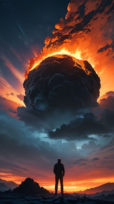 Man and volcanic eruption scene for phone wallpaper