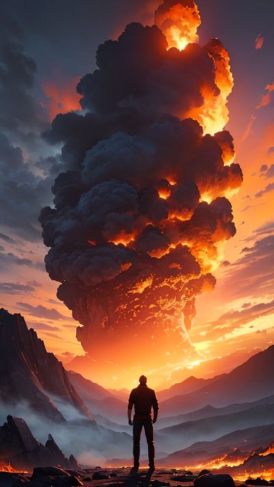 Man and volcanic eruption scene for phone wallpaper