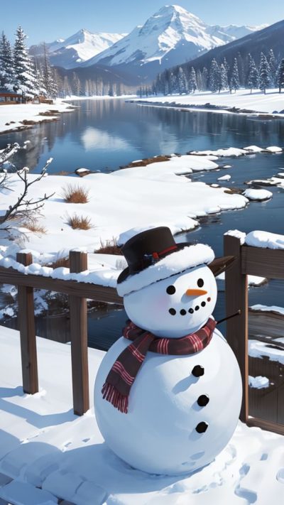 Snowman and winter scene for phone wallpaper