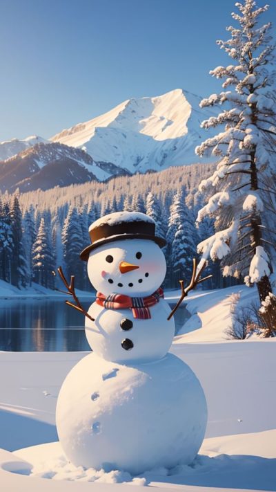 Snowman and winter scene for phone wallpaper