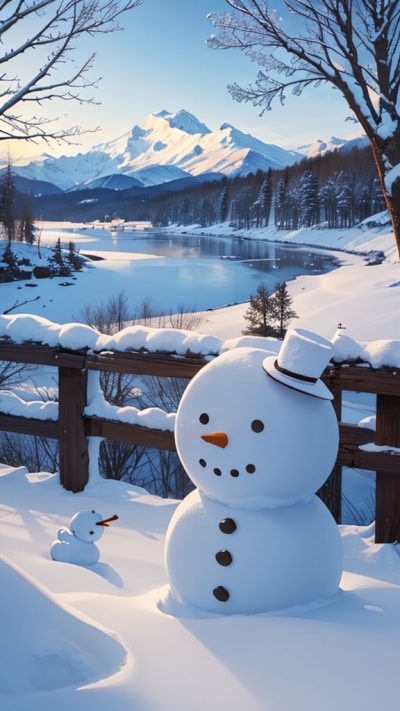 Snowman and winter scene for phone wallpaper