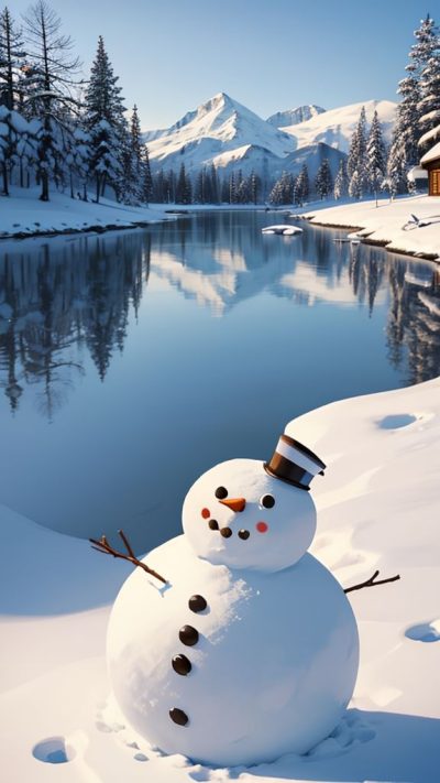 Snowman and winter scene for phone wallpaper